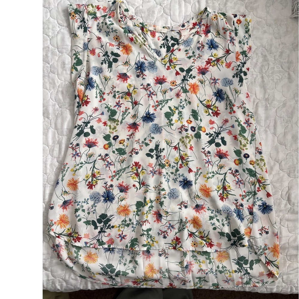 Pleione Womens Floral V-Neck Sleeveless Pleated Back High-Low Blouse White Small